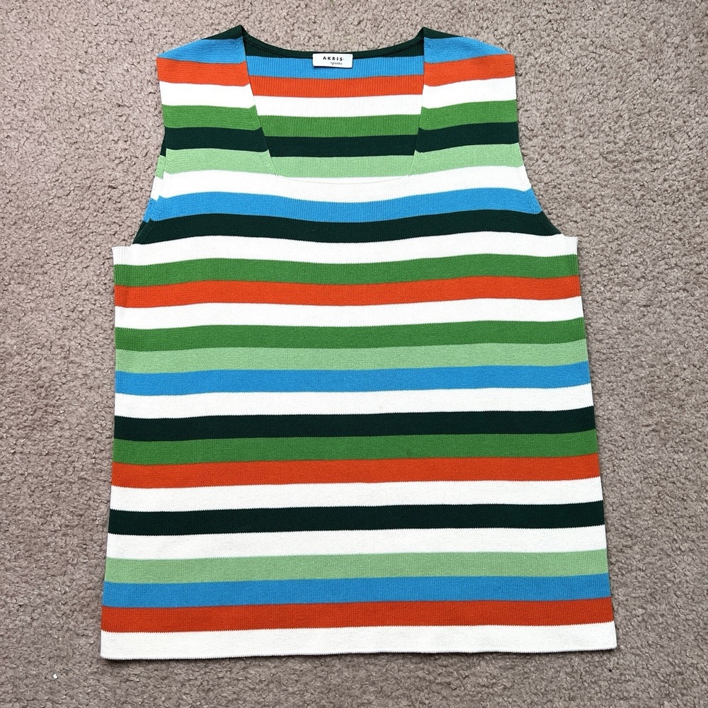 AKRIS Punto Womens Green Blue Striped Cotton Knit‎ Sleeveless Tank Top Size 12
